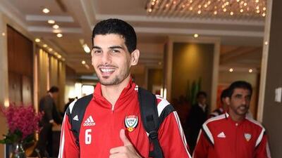 Defender Mohaned Salem is all smiles as UAE arrive in Newcastle.