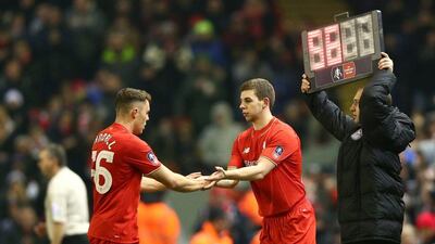 Liverpool’s Jon Flanagan subs in for Connor Randall on Wednesday night during their FA Cup match at Anfield. Clive Brunskill / Getty Images