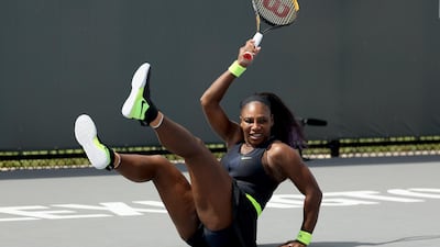 Serena Williams takes a tumble during her comeback match against Bernarda Pera during the Top Seed Open in Kentucky. AFP
