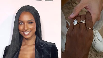 Model Jasmine Tookes's engagement ring is a seven-carat diamond set in 18-karat yellow gold