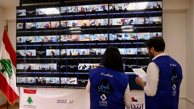Observers from the LADE association monitor the parliamentary elections taking place outside Lebanon at an operation room to observe the voting process through screens at the Ministry of Foreign Affairs in downtown Beirut, Lebanon. EPA