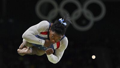 Simone Biles of USA competes on the vault during the women’s gymnastics individual all-around final at the 2016 Rio Olympics at Rio Olympic Arena on August 11, 2016 in Rio de Janeiro, Brazil. Dylan Martinez / Reuters