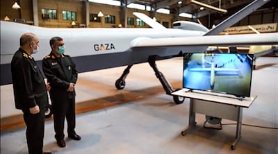 General Hossein Salami and Amir Ali Hajizadeh commander of Aerospace Force of the IRGC, unveiling a new combat drone called "Gaza", in the capital Tehran. AFP