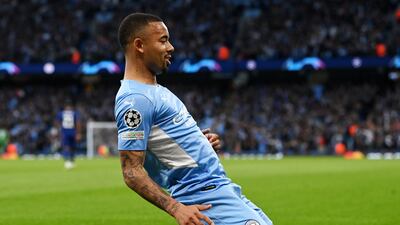 Gabriel Jesus celebrates after scoring Manchester City's second goal after 11 minutes. Getty
