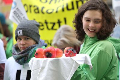An environmental activist holds rotten apples at a protest prior to the court session on Thursday. EPA