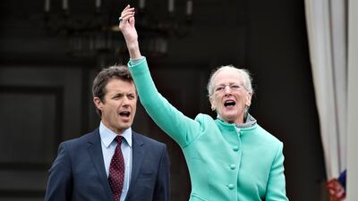 Queen Margrethe of Denmark with her son Crown Prince Frederik at Marselisborg Castle in 2017, to celebrate her 77th birthday. AP