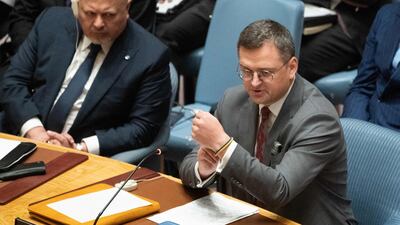 Ukrainian Foreign Minister Dmytro Kuleba speaks at the meeting, in which US Secretary of State Antony Blinken said Russian President Vladimir Putin should be held to account. AFP