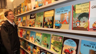 Tintin comics on display during the inauguration of the statue of comic hero Tintin by sculptor Nat Neujean on October 21, 2011 in Brussels, Belgium. Getty Images