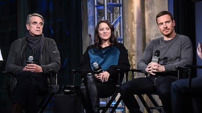 From left, Jeremy Irons, Marion Cotillard and Michael Fassbender of Assassin’s Creed. Photo by Daniel Zuchnik / WireImage / Getty Images