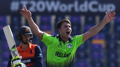 Curtis Campher celebrates after taking the wicket of Netherland's Scott Edwards. AFP
