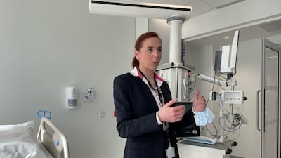 Sonia Kelly, head of clinical informatics at Cleveland Clinic London, speaking at the hospital's launch. Alice Haine / The National