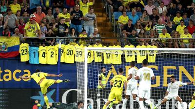 Gerard Moreno of Villarreal scores his sides first goal during the Liga match between Villarreal CF and Real Madrid CF at Estadio de la Ceramica on in Villareal, Spain. AP