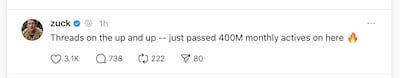 Meta chief executive Mark Zuckerberg proudly announces new data showing his Threads platform closing on X