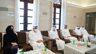 From left, Reem Al Hashimy, Minister of State for International Co-operation, Abdulrahman Al Owais, Minister of Health and Prevention and Minister of State for Federal National Council Affairs, Sheikh Ahmed bin Saeed, Sheikh Khaled bin Mohamed, Sheikh Abdullah bin Zayed and Sheikh Mansour bin Zayed at the signing.