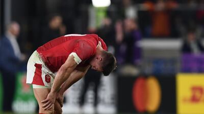 Wales' fly-half Dan Biggar reacts after losing the Japan 2019 Rugby World Cup semi-final match between Wales and South Africa at the International Stadium Yokohama in Yokohama. AFP