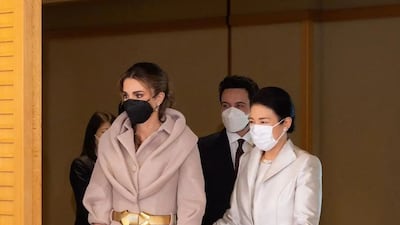 Queen Rania wore a custom beige blazer dress by Dutch-Moroccan label Benchellal