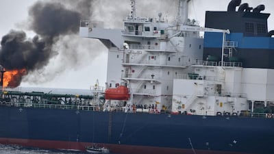 Smoke rises from the Marlin Luanda in the Gulf of Aden. Reuters