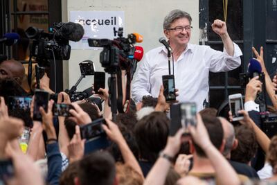 Jean-Luc Melenchon, leader of the France Unbowed party, speaks to supporters following the first round of voting in the parliamentary election on Sunday. Bloomberg