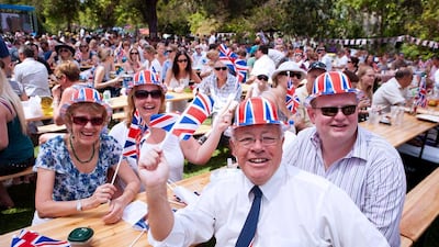 British expatriates gather at the British Embassy in Dubai to celebrate the wedding of Prince William and Kate Middleton in April 2011. Callaghan Walsh / for The National