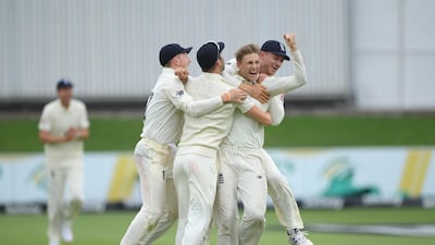 Joe Root celebrates after taking the wicket of Rassie van der Dussen. Getty