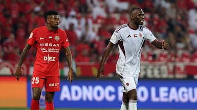 Al Wahda striker Christian Benteke, right, during the UAE Pro League match against Shabab Al Ahli in Dubai. Chris Whiteoak / The National