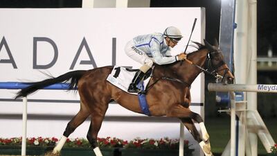 Royston Ffrench guides Down On Da Bayou to win in Dubai. Pawan Singh / The National