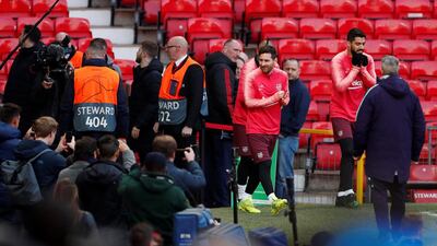 Champions League - FC Barcelona Training - Old Trafford, Manchester, Britain. Barcelona's Lionel Messi and Luis Suarez during training. Reuters
