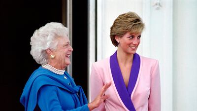 US first lady Barbara Bush meets Diana, Princess of Wales, at the White House in Washington in 1990. AFP