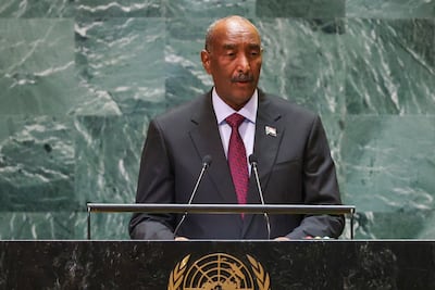 Sudan's army chief Gen Abdel Fattah Al Burhan addresses the UN General Assembly on September 26. EPA