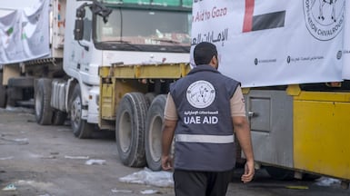 Emirati aid convoys deliver another mass of essential supplies to the Gaza Strip under Operation Gallant Knight 3. Photo: Wam