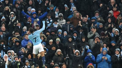 Manchester City's Raheem Sterling celebrates after scoring his side's third goal. AP Photo