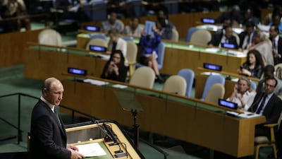 During his speech at the UN General Assembly, Russian president Vladimir Putin urged the world to stick with Syria's Bashar Al Assad, arguing that his military is the only viable option for defeating ISIL. Seth Wenig/AP Photo