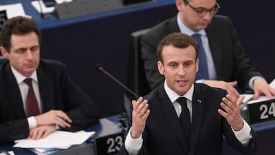 French President Emmanuel Macron speaks before the European Parliament in Strasbourg.Frederick Florin / AFP