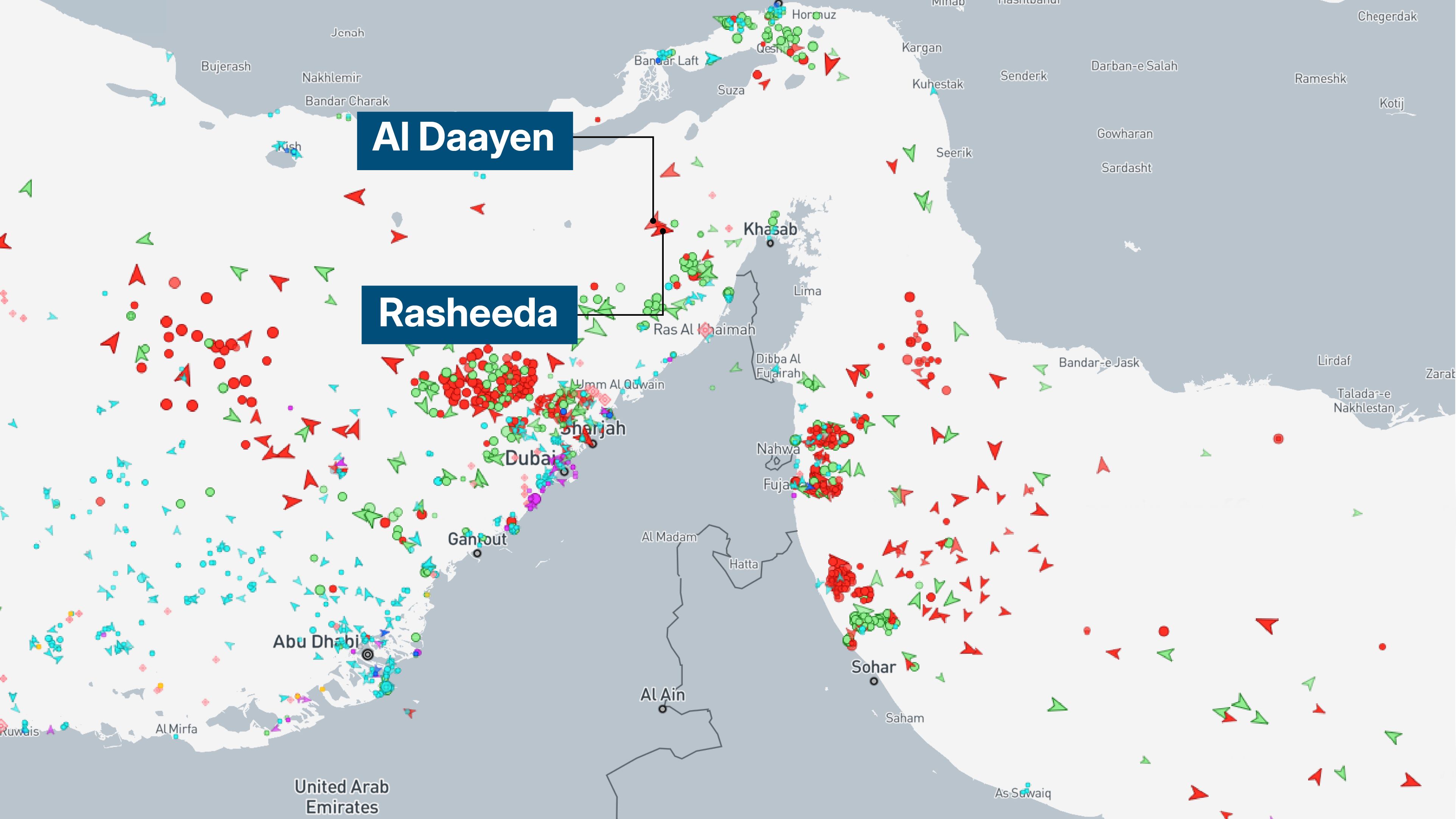 The Marshall Islands-flagged Rasheeda and the Bahamian-flagged Al Daayen were seen turning away from Hormuz. Source: Marine Traffic