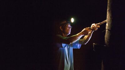 Somporn Klaharn carves a notch into a rubber tree to harvest the sap at a plantation in Rayong, Thailand. Paula Bronstein / Getty Images