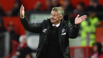 Manchester United's Norwegian manager Ole Gunnar Solskjaer gestures on the touchline during the English Premier League football match between Manchester United and Liverpool at Old Trafford in Manchester, north west England, on October 20, 2019. RESTRICTED TO EDITORIAL USE. No use with unauthorized audio, video, data, fixture lists, club/league logos or 'live' services. Online in-match use limited to 120 images. An additional 40 images may be used in extra time. No video emulation. Social media in-match use limited to 120 images. An additional 40 images may be used in extra time. No use in betting publications, games or single club/league/player publications. / AFP / Oli SCARFF / RESTRICTED TO EDITORIAL USE. No use with unauthorized audio, video, data, fixture lists, club/league logos or 'live' services. Online in-match use limited to 120 images. An additional 40 images may be used in extra time. No video emulation. Social media in-match use limited to 120 images. An additional 40 images may be used in extra time. No use in betting publications, games or single club/league/player publications.
