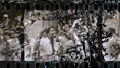 Gideon Mendel: Original Image: Protestors outside Cosatu House, after a May Day Rally in which the Congress of South African Trade Unions (COSATU) called for a nationwide ‘stayaway’ and protest by workers. May 1986. Scanned and reframed after accidental water and mould damage in 2016. 2016. From the series: Damage:A Testament of Faded Memory, 2016©Gideon Mendel, Prix Pictet