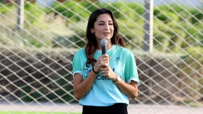 Nadia Nadim celebrates the completion of 'The Greatest Goal' during the Fifa Fan Festival in Qatar. Getty