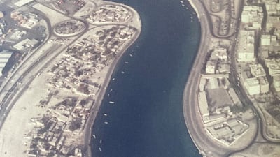 Dubai Creek from the air in the mid-1980s. On the left is Al Shindagha, Deira and the Hyatt Regency hotel are across the water at the top right.