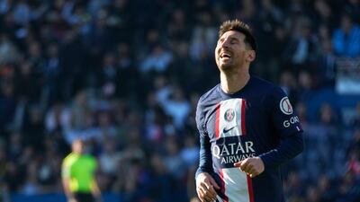 PSG's Lionel Messi reacts after missing a scoring chance. AP