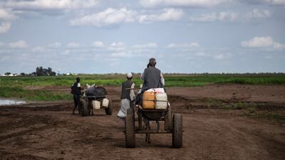 Carts carrying water for refugees at Shagarab camp are drawn by donkeys. Getty
