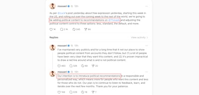 Threads and Instagram lead Adam Mosseri echoed the announcement from Meta chief executive Mark Zuckerberg that the company would be including more political content in social media feeds following years of deprioritising such posts. Photo: Threads