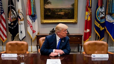 US president Donald Trump makes a statement from the Roosevelt Room next to the empty chairs of senate minority leader Chuck Schumer, and house minority leader Nancy Pelosi, after they cancelled their meeting at the White House. Jim Watson / AFP Photo
