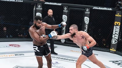 Mohammad Osseili (right) on the offensive against Samir Zaidi in the UAE Warriors 19 Arabia 3 at the Jiu-Jitsu Arena. Courtesy UAE Warriors