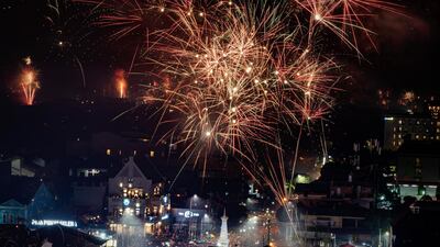 Fireworks illuminate the city's skyline during New Year's Eve celebrations on January 1, 2020 in Yogyakarta, Indonesia. (Photo by Ulet Ifansasti/Getty Images)