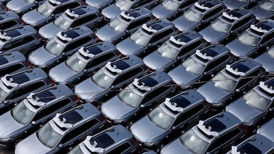 A parking lot full of Uber self-driving Volvos in Pittsburgh. The Dubai government is aiming for a quarter of transportation to be autonomous in the emirate by 2030. AP.
