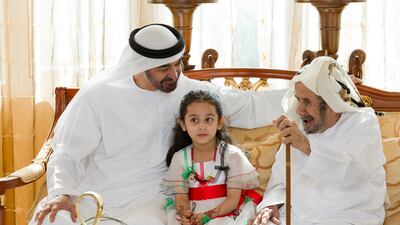 Sheikh Mohamed bin Zayed visits Eqedha Al Mehairi at his home in Al Ain. (Ryan Carter / Crown Prince Court - Abu Dhabi)