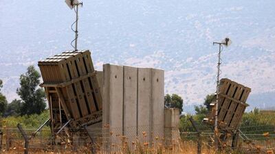 An Iron Dome defence system battery, designed to intercept and destroy incoming short-range rockets and artillery shells in the Hula Valley, northern Israel.