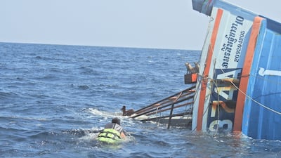 A Thai navy officer swims towards cats standing on a sinking boat. Reuters