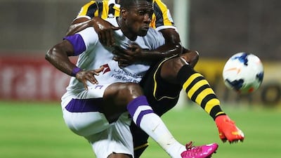 Asamoah Gyan, front, did not let Al Ittihad's defence get the best of him. His goal at the 40th minute tied the match. Additional goals by Omar Abdulrahman (66') and Diaky Ibrahim (83') lifted Al Ain to a 3-1 win and a 5-1 aggregate as they advance to the Asian Champions League semi-finals. AFP Photo